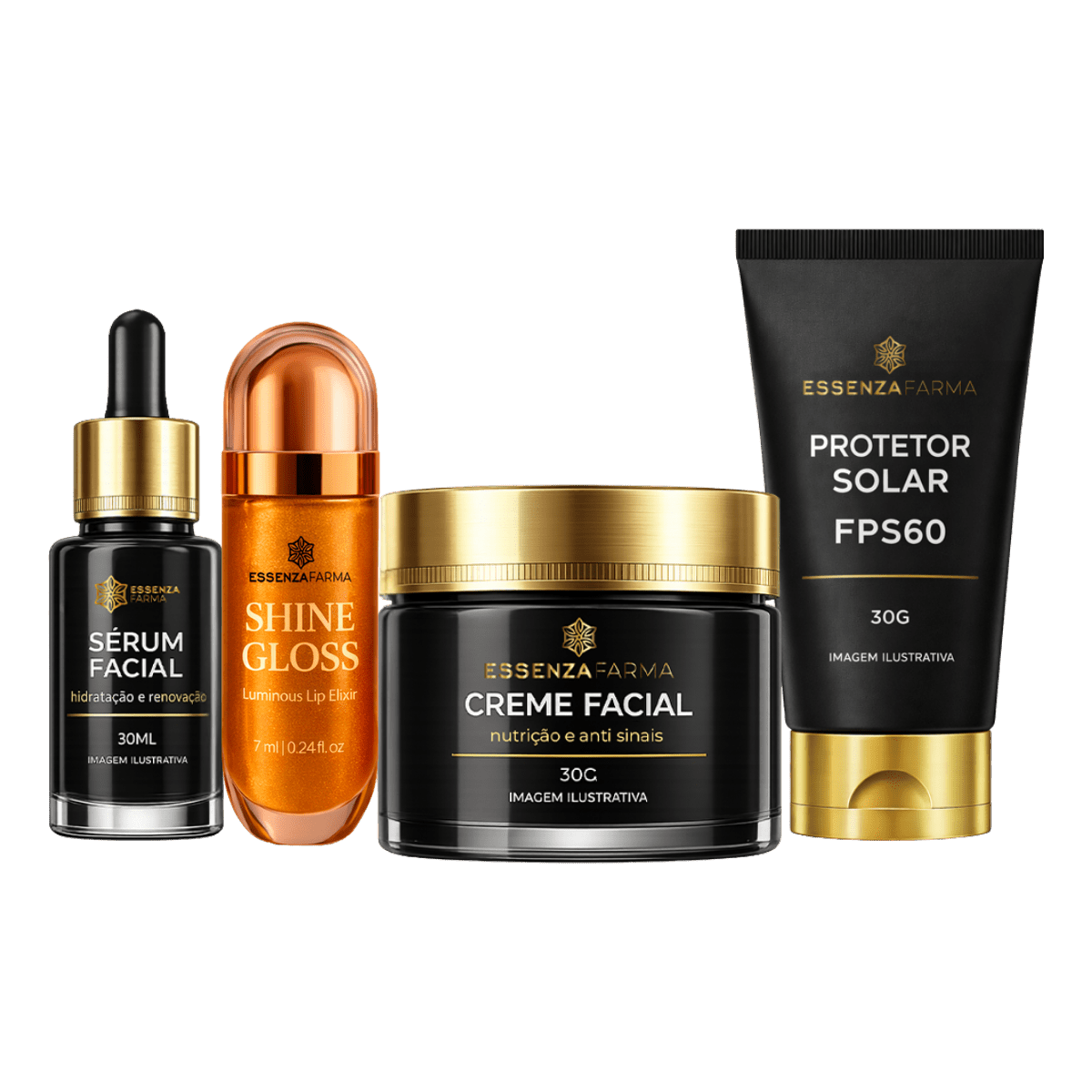 Kit Anti - age (Sérum Facial 30ML + Creme Facial 30G + Protetor Solar FPS60 30G + Gloss Labial 8ML) - Essenza Farma