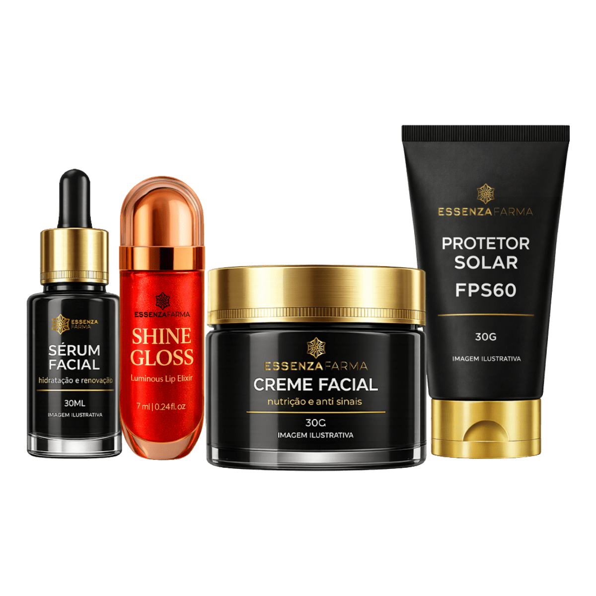 Kit Anti - age (Sérum Facial 30ML + Creme Facial 30G + Protetor Solar FPS60 30G + Gloss Labial 8ML) - Essenza Farma