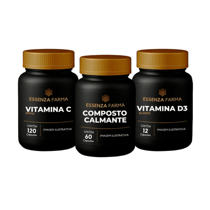 Kit Equilíbrio & Imunidade: Vitamina C 500mg + Vitamina D3 50.000UI + Composto Calmante - Essenza Farma