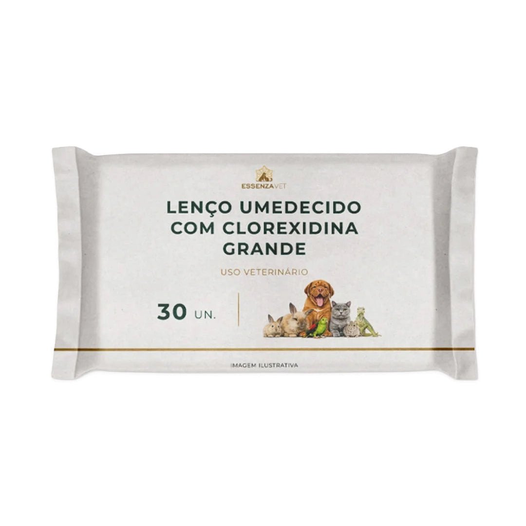 Lenço Umedecido com Clorexidina 2% para Cães e Gatos Grande 30 unidades | Higiene Antisséptica da Pele, Patas e Dobras Cutâneas - Essenza Farma