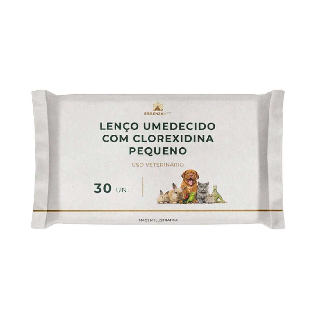 Lenço Umedecido com Clorexidina 2% para Cães e Gatos Pequeno 30 unidades | Higiene Antisséptica da Pele, Patas e Dobras Cutâneas - Essenza Farma