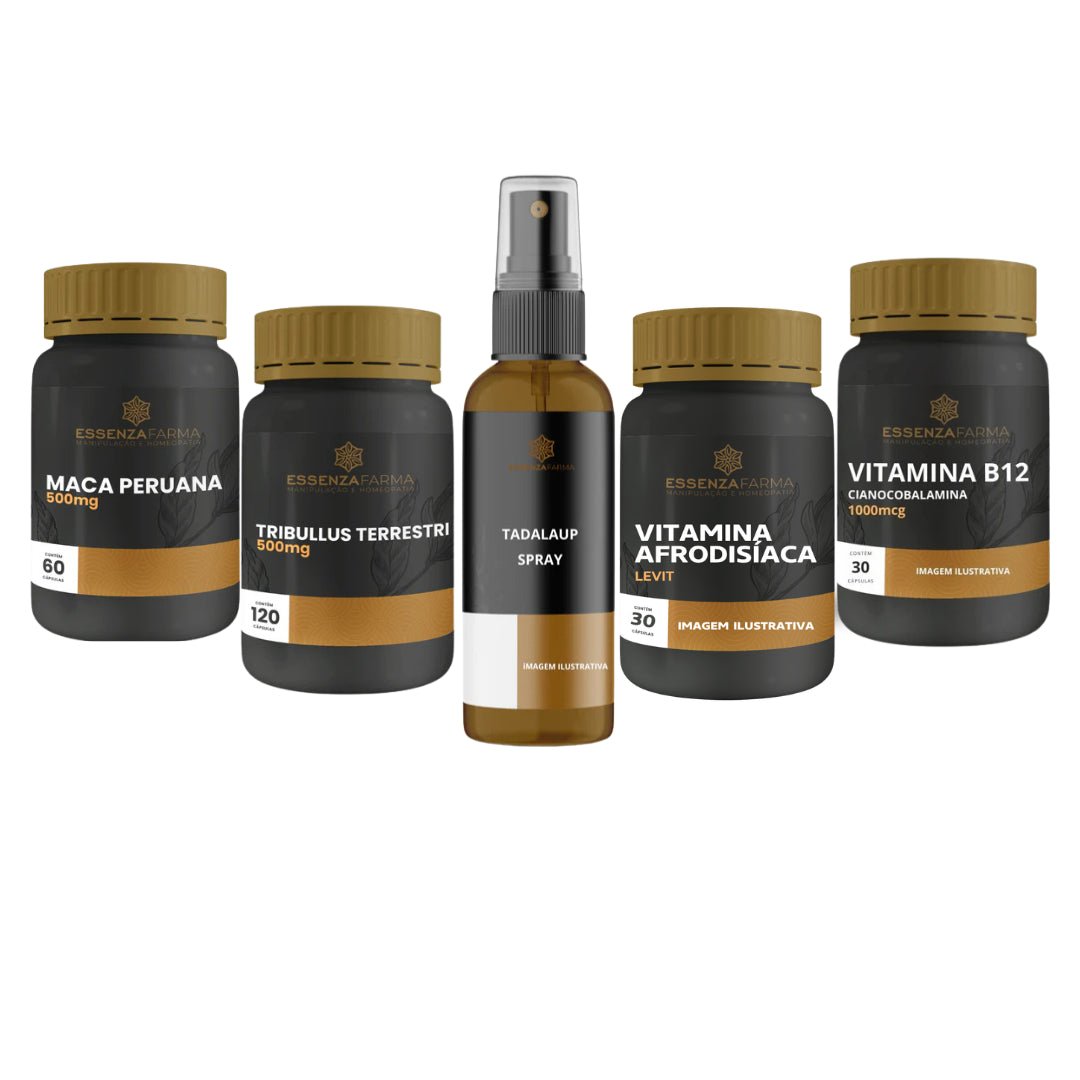 Kit Vitalidade Masculina | TadalaUp, Vitamina Afrodisíaca Levit, Tribullus Terrestris, Maca Peruana e Vitamina B12 Cianocobalamina - Essenza Farma